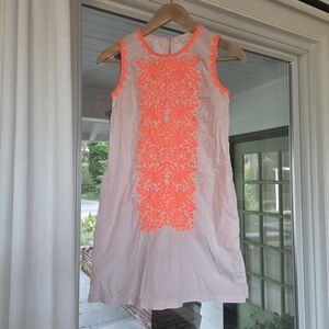 Crewcuts Pink And Neon Orange Embroidered Shirt Sleeve Shift Dress Girls Size 12